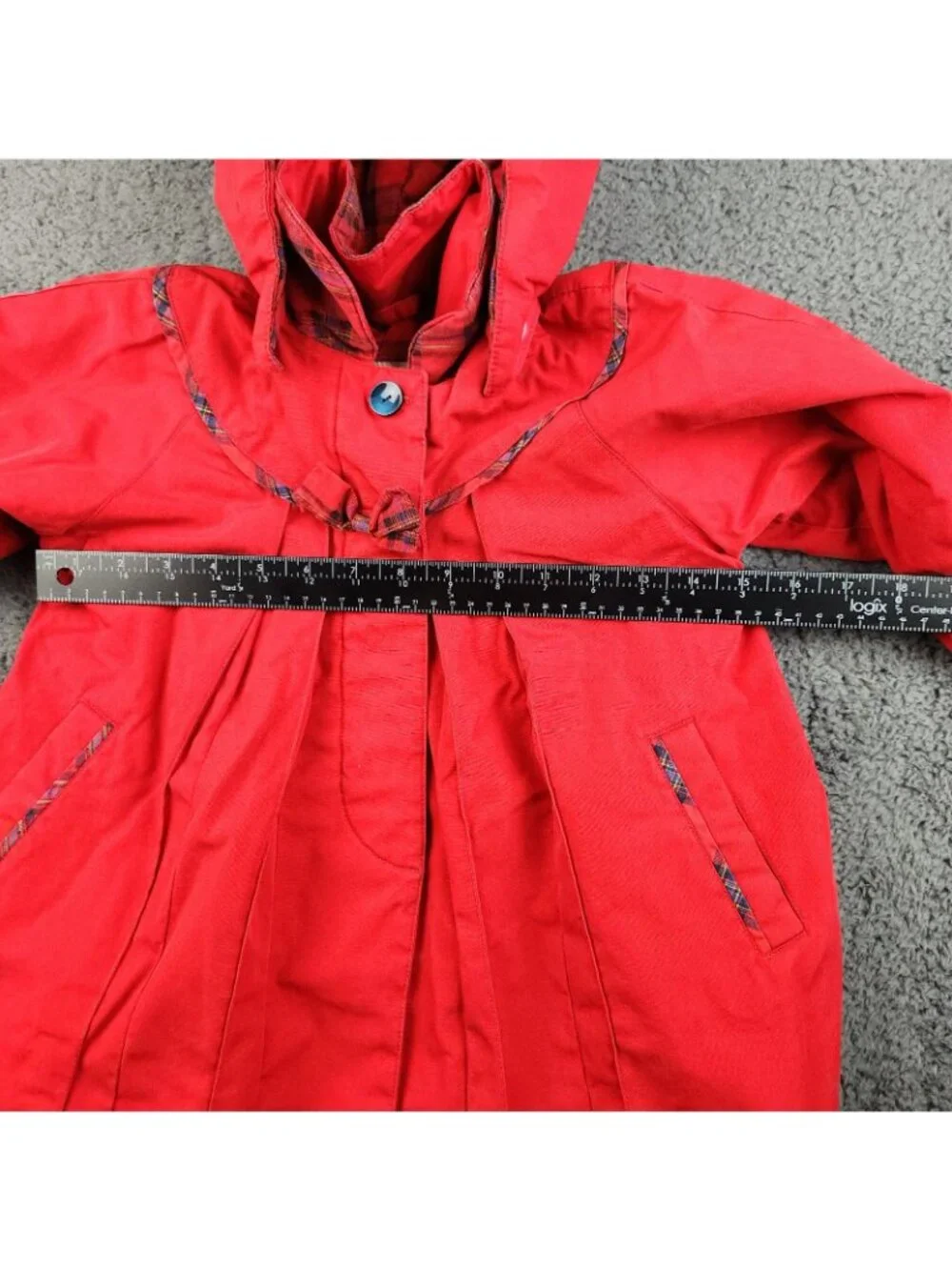 VTG Rothschild Pea Coat Girls‎ 3T Red Blue Fur Lined Bow Pleated Hooded Holiday